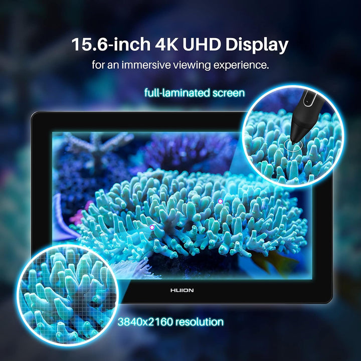 HUION Kamvas Pro 16 Plus 4K UHD Zeichentablett mit Bildschirm, voll laminiert, 145% sRGB Art Tablet