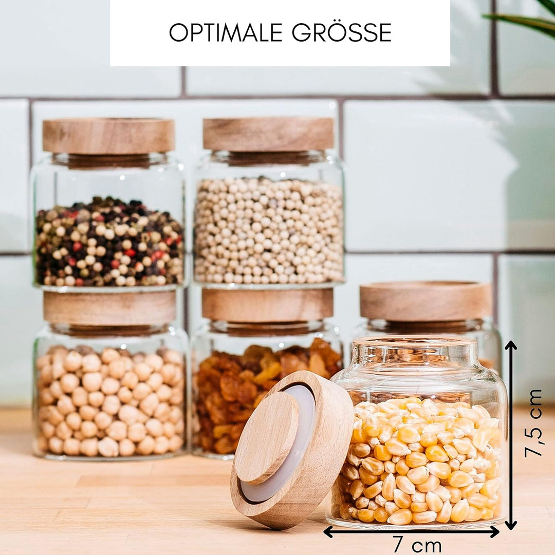 Econovo® Vorratsgläser mit Deckel (6-teilig) 170ml, Vorratsdosen aus Glas mit Holzdeckel luftdicht,