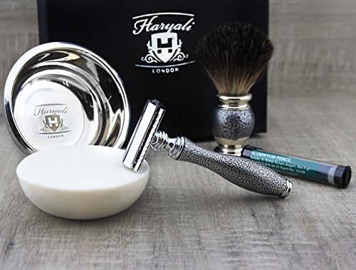 Haryali London Antiquität Silber, 5-in-1 Rasierset mit Super Dachshaar Rasierpinsel - doppelkante Ra