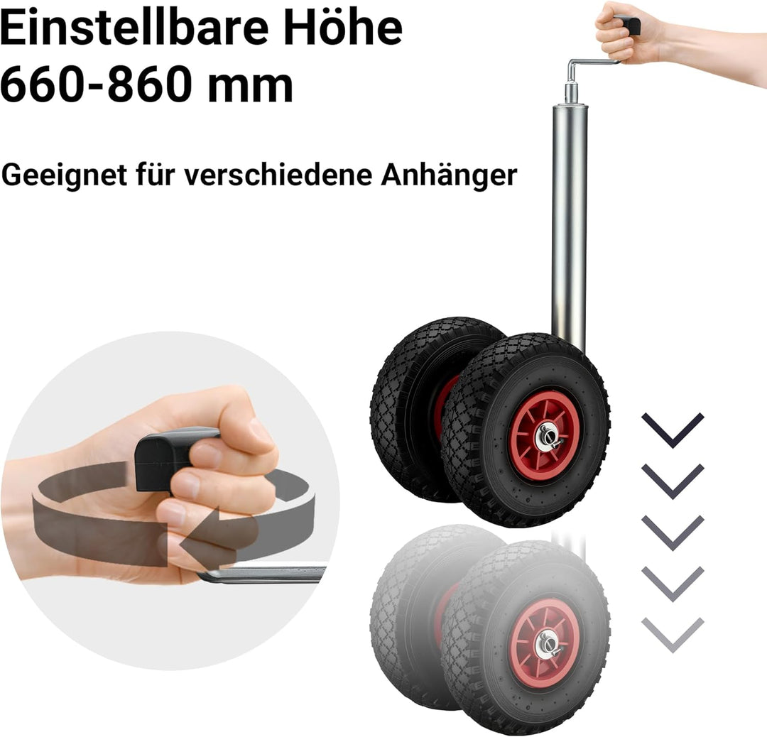 Wiltec Doppelstützrad bis 200 kg, Anhängerstütze mit aufblasbaren Reifen, Stützlast Bugrad ausziehba