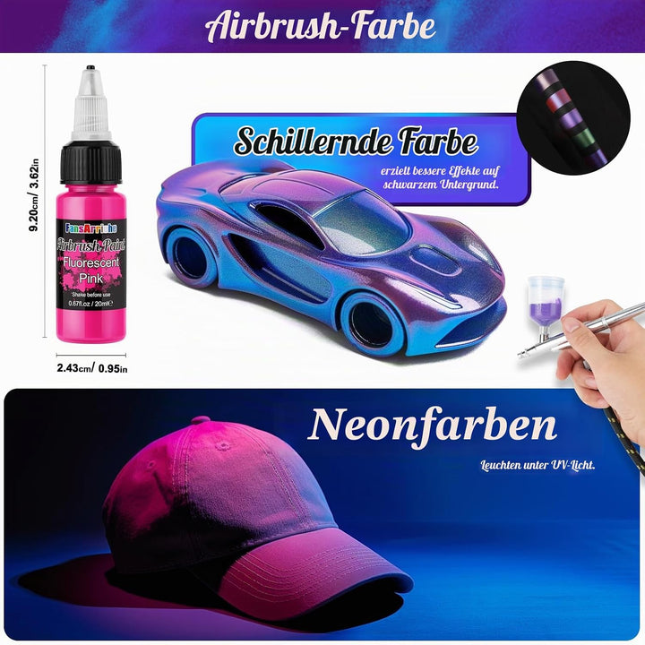 FansArriche Airbrush Farbe, 44 Farben+6 Verdünner, Acryl-Luftpinsel-Set, blickdichte und neon Farben