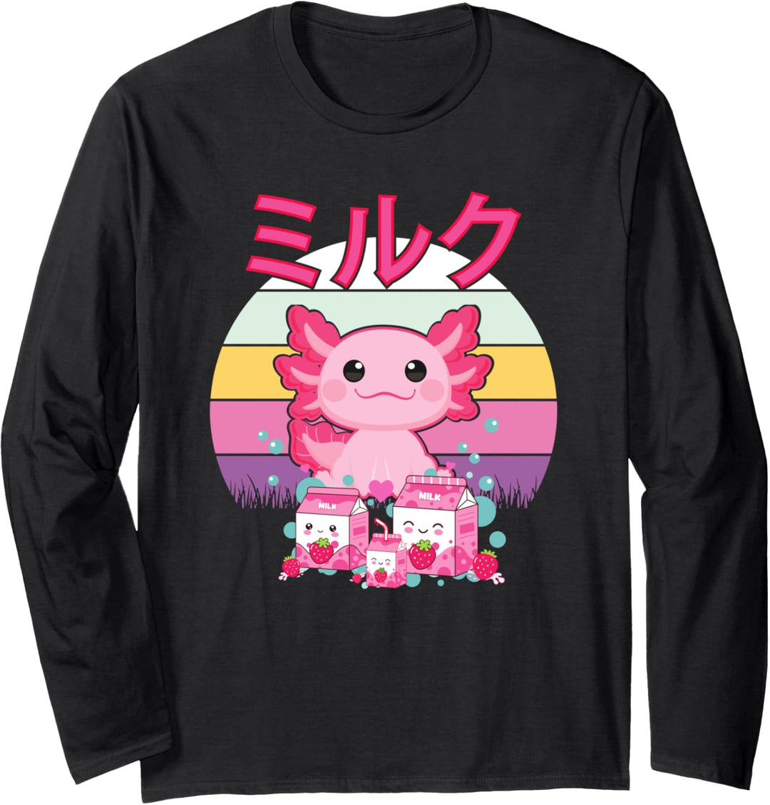 Axolotl Strawberry Milk Shake Japanischer Anime 90er Cute Kawaii Langarmshirt
