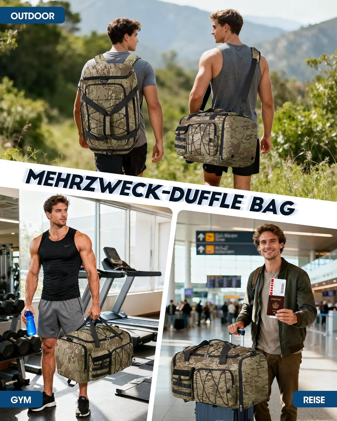 RAINSMORE 45L Sporttasche Herren Damen, 3-IN-1 Reisetasche mit Schuhfach Nassfach, Wasserdicht Gym D