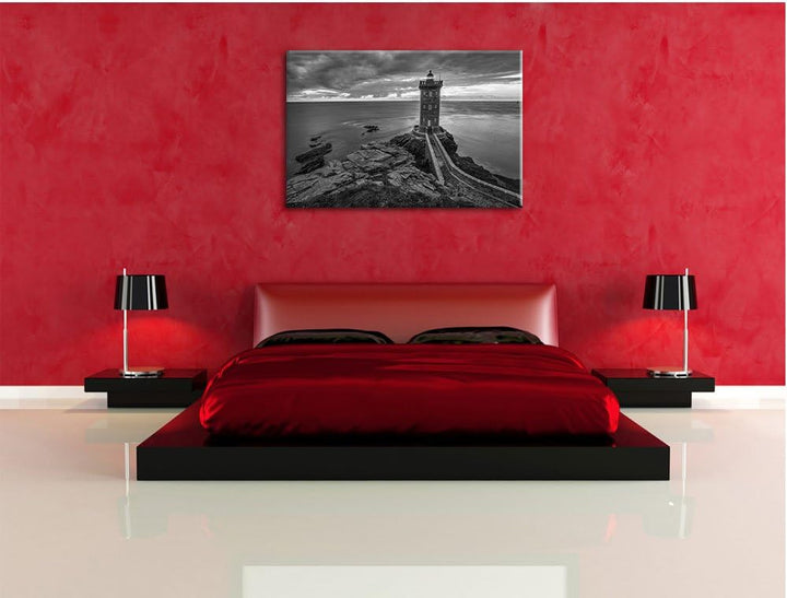 Pixxprint Leuchtturm im Sonnenuntergang / 100x70cm Leinwandbild bespannt auf Holzrahmen/Wandbild Kun