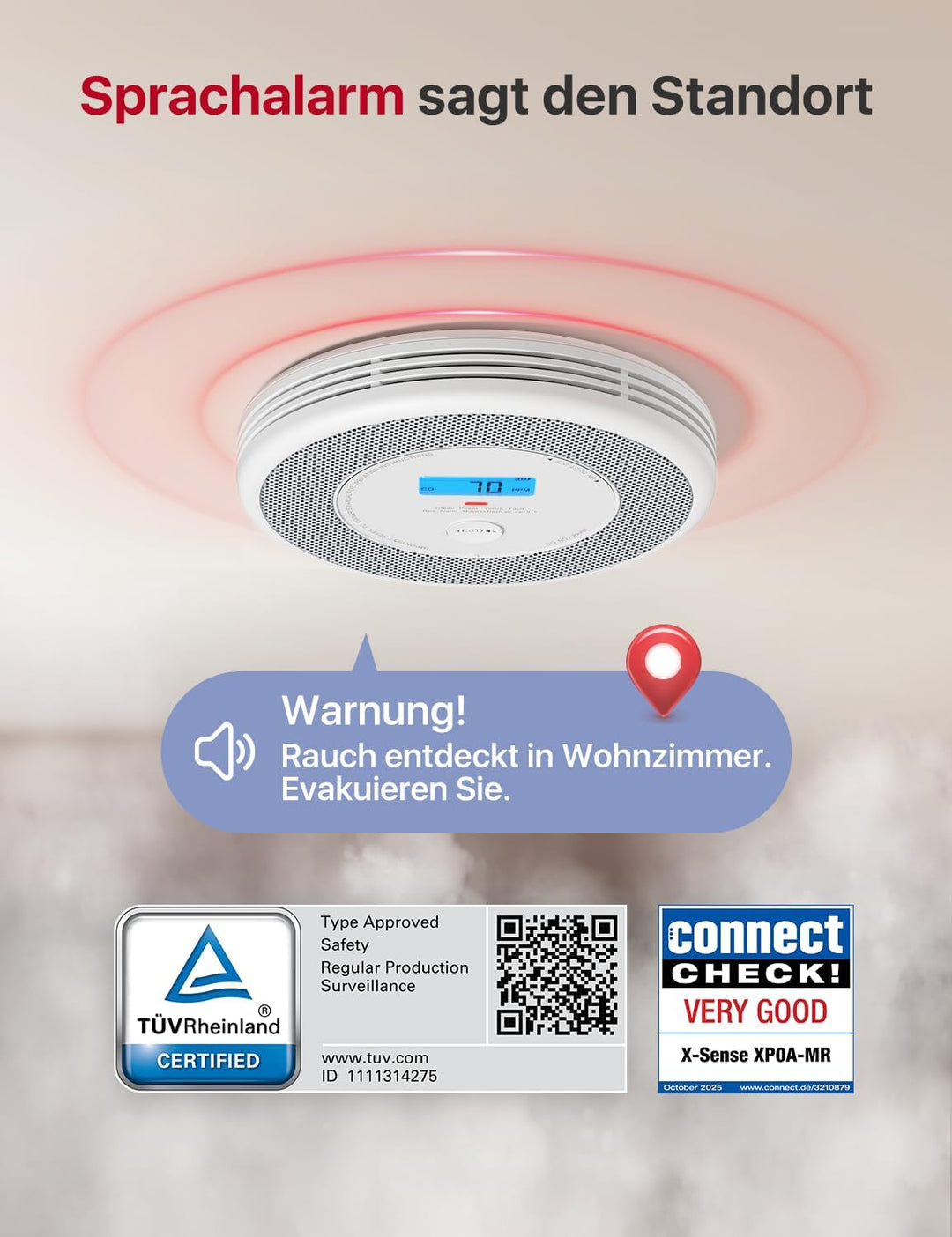 X-Sense Rauch und CO Melder mit Sprachalarm und Standortansage, mit XP0A-MR11 Kits, 30 mm dick ohne