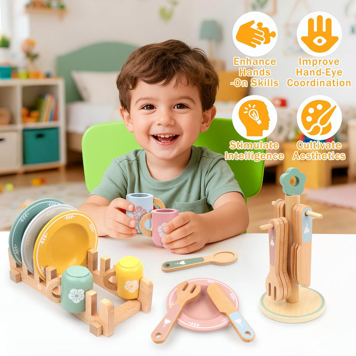 Kinderküche Zubehör Kinderküche Geschirr, Spielküche Zubehör Holz mit Tassen Teller, Bunt Teeservice