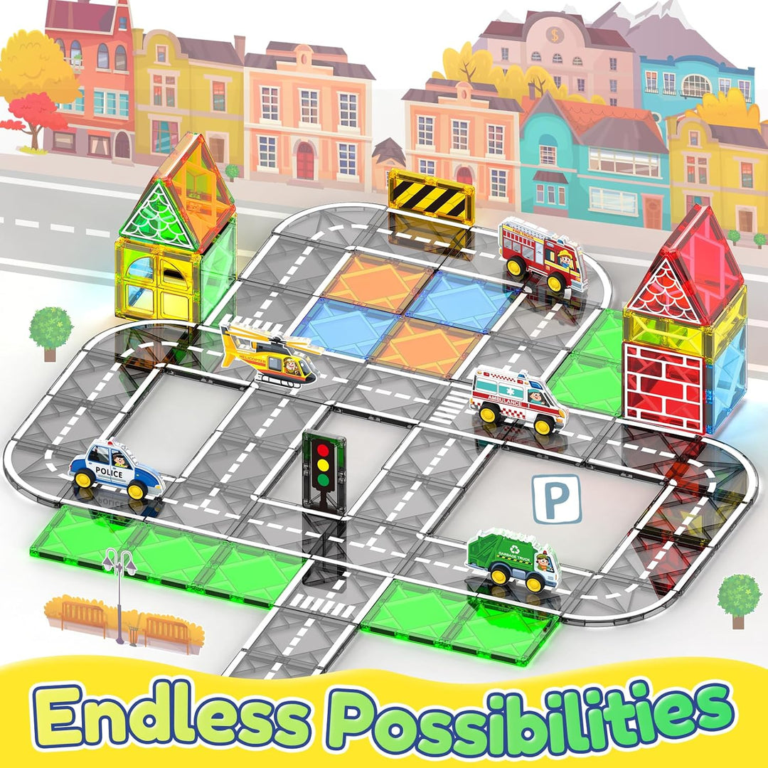 Oriate Stadt Magnetische Magnet Bausteine Spielzeug Set，Rollende Cars Kompatibel Mit Magnetbausteine