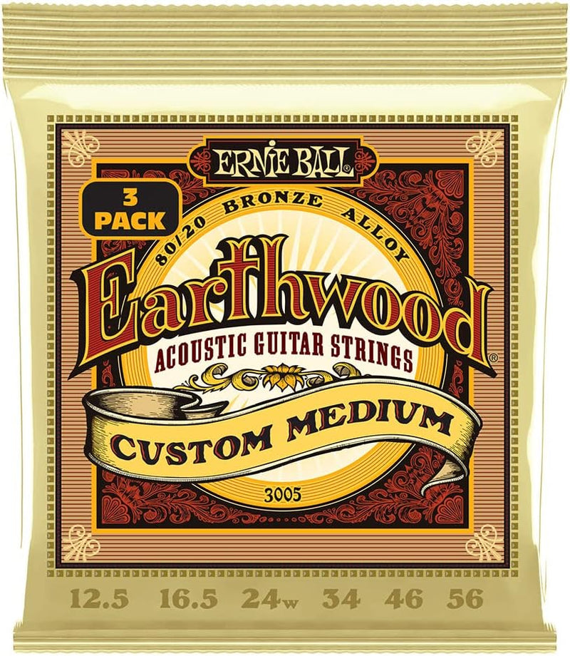 Ernie Ball Earthwood Custom Medium Akustik-Gitarrensaiten, 80/20-Bronze, 3er-Pack, Stärke 12.5-56 Ga