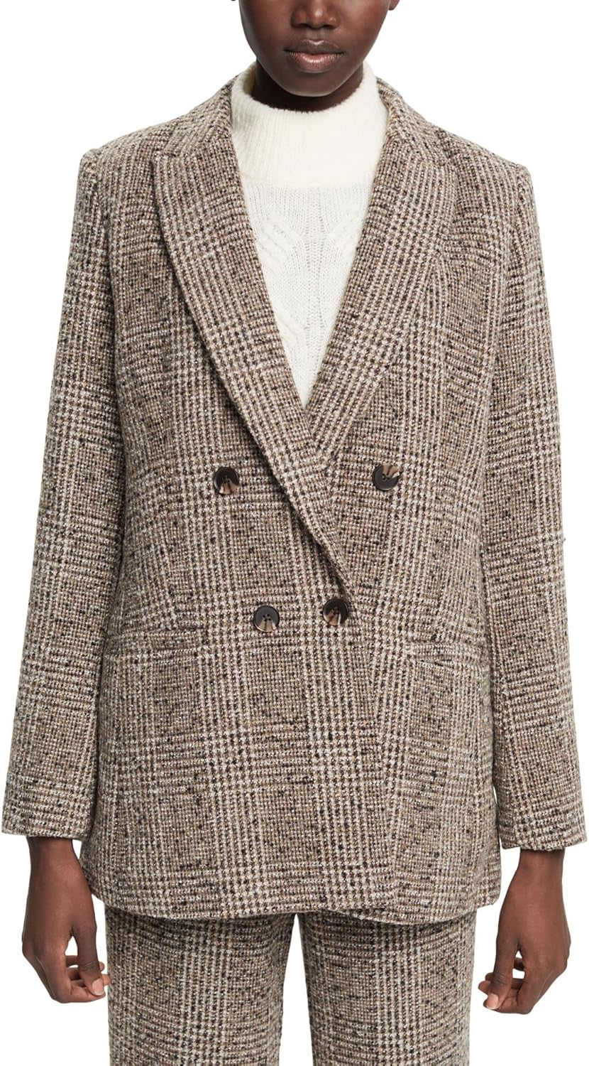 ESPRIT Bouclé-Blazer mit Karomuster aus Wollmix 36 002/Black 2, 36 002/Black 2