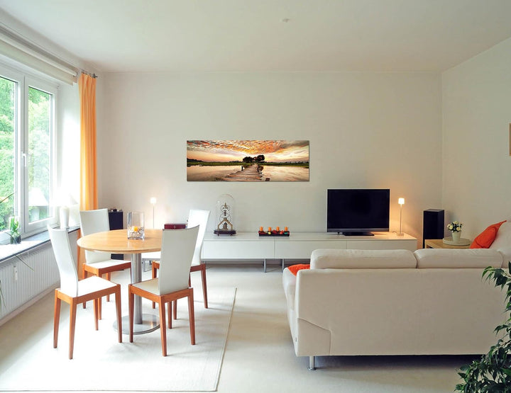 Paul Sinus Art Panoramabild auf Leinwand und Keilrahmen 150x50cm Tropen Fluss Steg Sonnenuntergang W