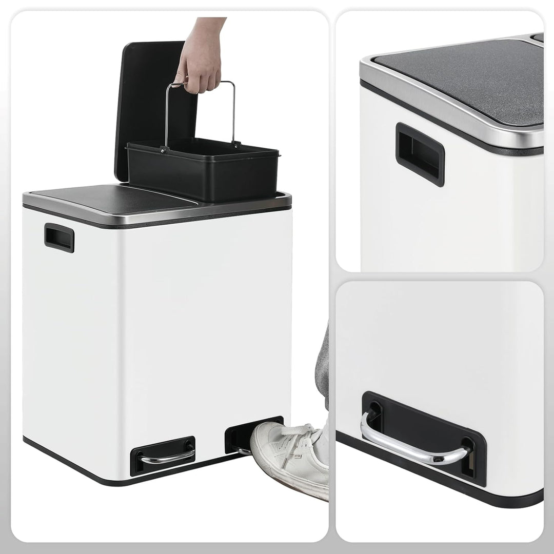 LIFERUN Mülleimer 2 Fächer, 2 x 15 Liter Abfalleimer Küche aus Metall, Softclose Deckel, Inneneimer