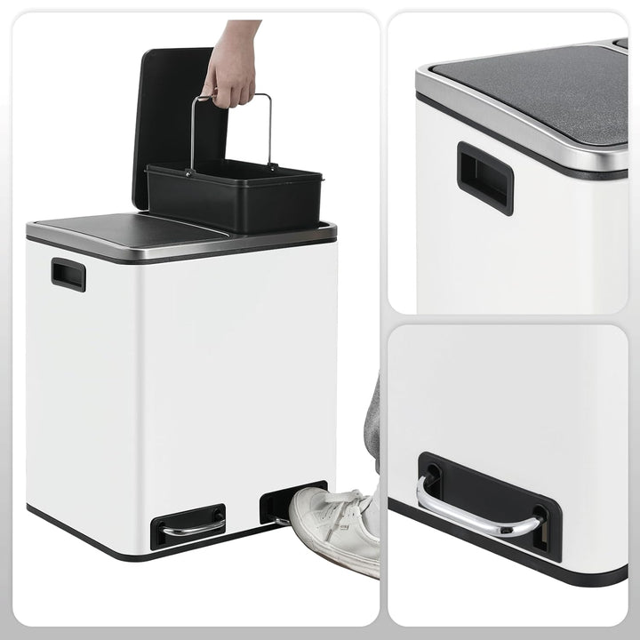 LIFERUN Mülleimer 2 Fächer, 2 x 15 Liter Abfalleimer Küche aus Metall, Softclose Deckel, Inneneimer