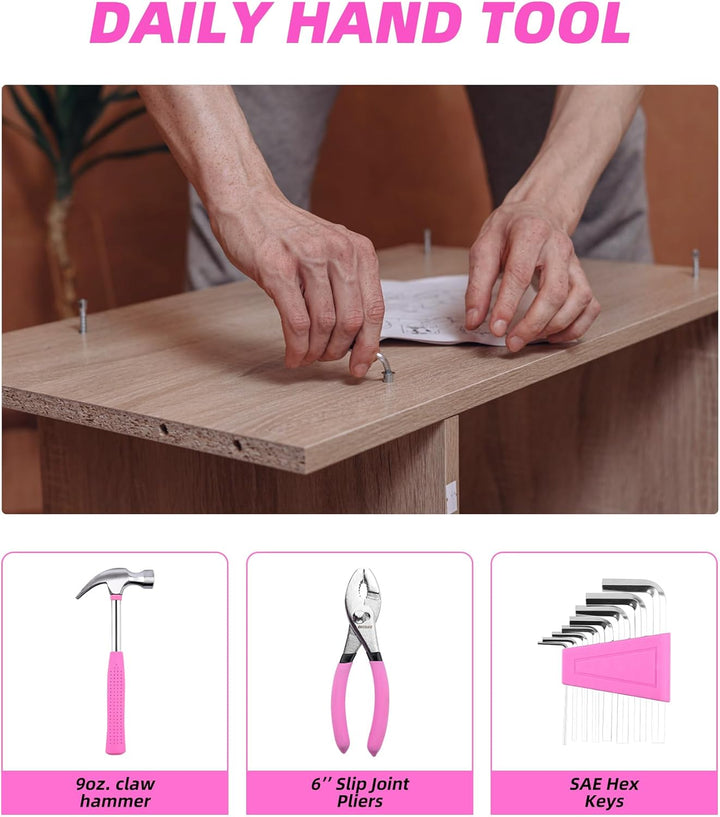 Werkzeug-Set, Pink, 40-teilig, allgemeines Haushalts-Handwerkzeug-Set mit Kunststoff-Werkzeugkasten,