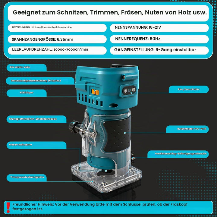 Kabelloser Oberfräse kompatibel mit Makita 18 V Akku, 850W, 30.000 U/min, bürstenloser Holzschneider