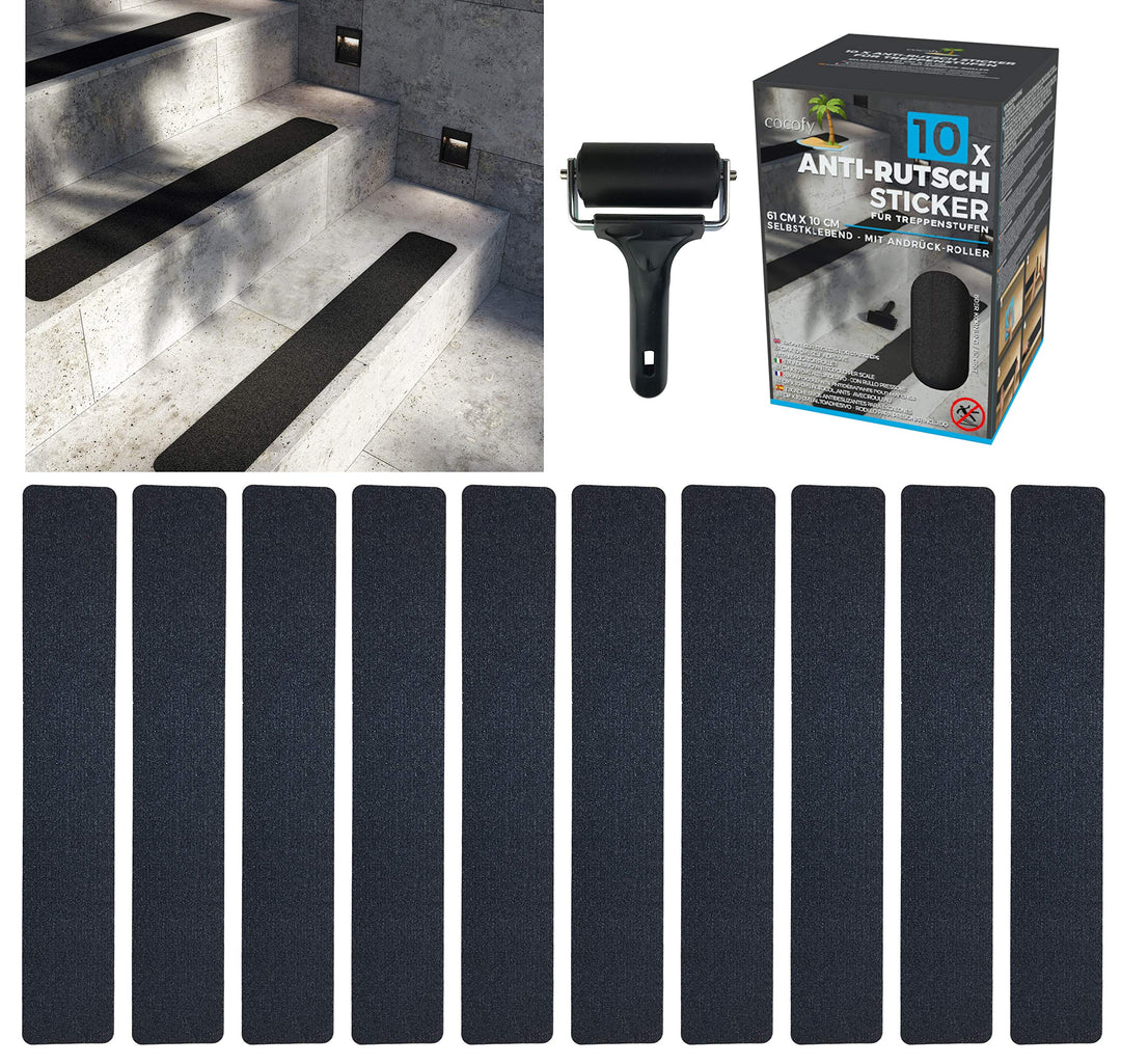 cocofy Anti-Rutsch Sticker für Treppen aussen und innen | 10x Streifen (61x10 cm) schwarz | Starker