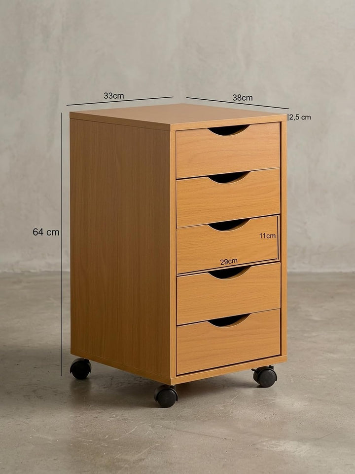 Rollcontainer WL5.924 33x64x38cm Buche MDF-Holz | Schreibtisch-Container Rollschrank 5 Schubladen |