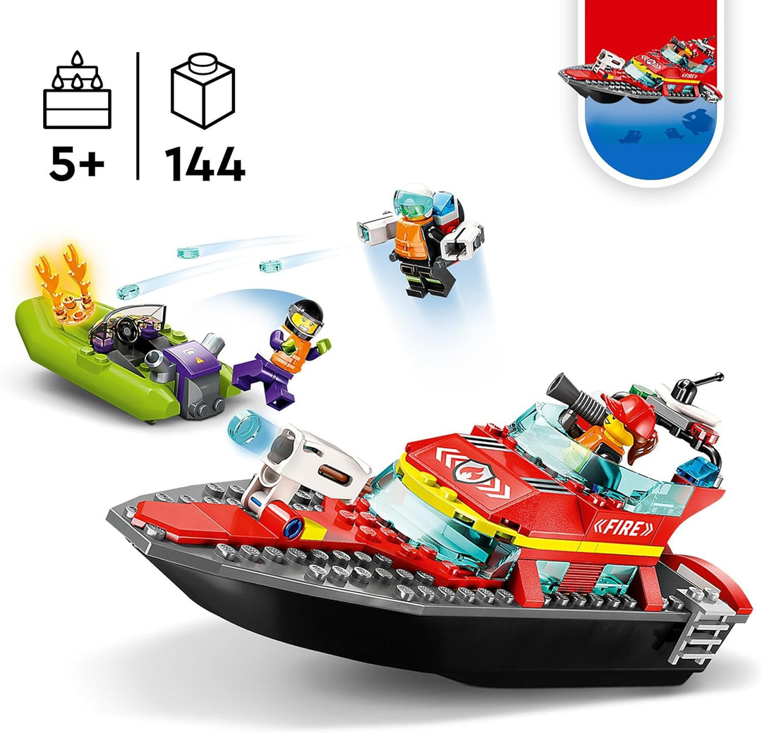 LEGO 60373 City Feuerwehrboot, Spielzeug, das im Wasser schwimmt, mit Rennboot, 3 Minifiguren und Je