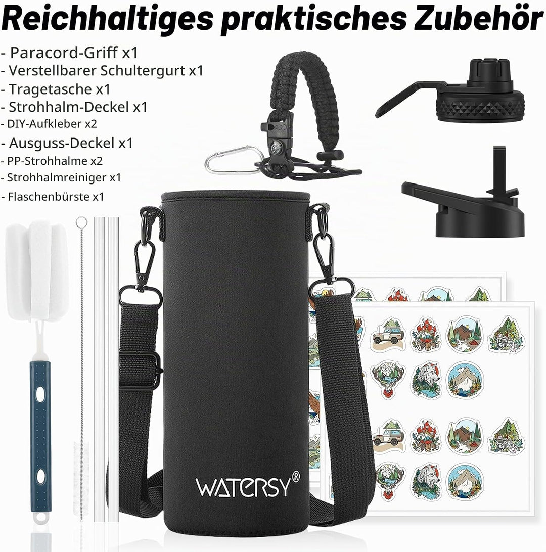 WATERSY Isolierte Edelstahl Thermosflasche 40oz Vakuumisolierte Trinkflasche mit 2 Deckel Auslaufsic