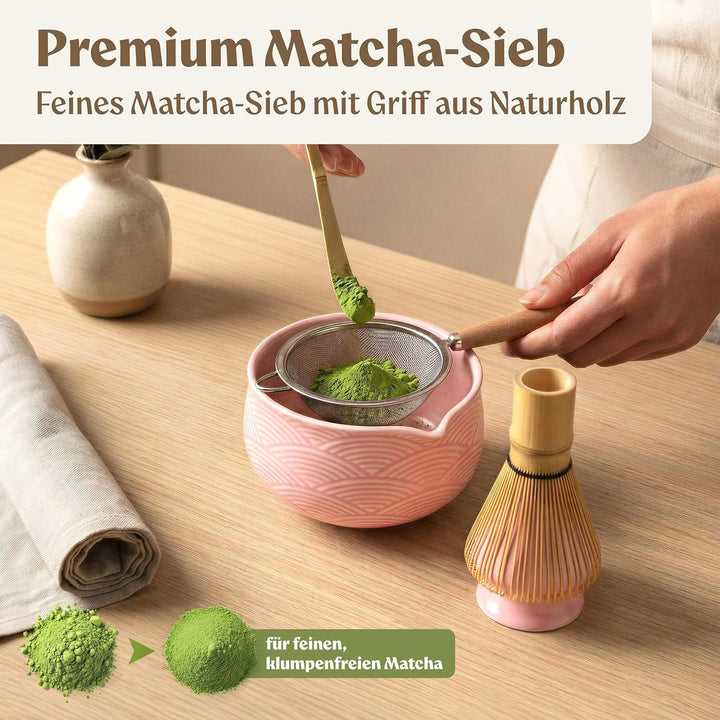 Matcha Set (7 Teilig) Matcha Schale mit Besen, Sieb, Löffel - Einzigartiges Design Ceremonial Grade