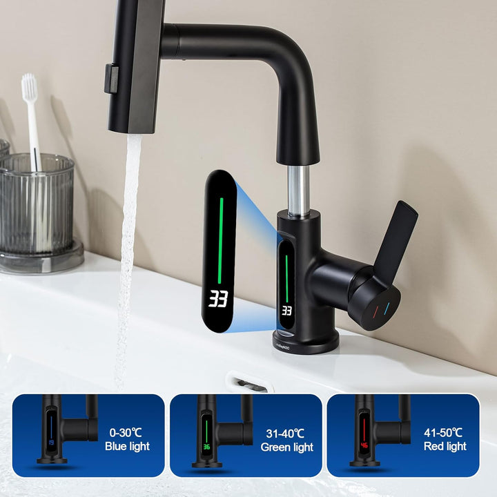 Wasserhahn Bad 360°Schwenkbar Spültischarmatur LED Temperaturanzeige,Aufsatzwaschbecken mit 3 Wasser