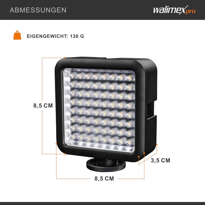 Walimex Pro LED64 LED-Videoleuchte (Dimmbar) für Aktion Kamera, Camcorder und DSLR Kamera 64 LEDs, 6
