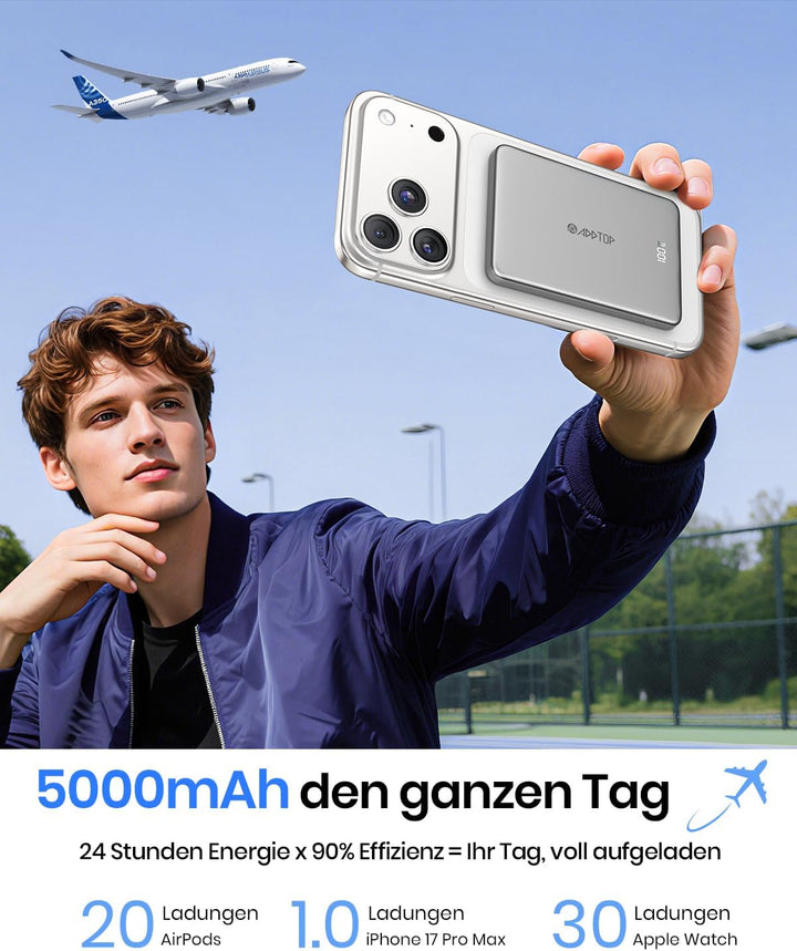 A ADDTOP Ultra Slim Magnetische Power Bank - 15W Wireless Powerbank 5000mAh mit USB C EIN/Ausgang -