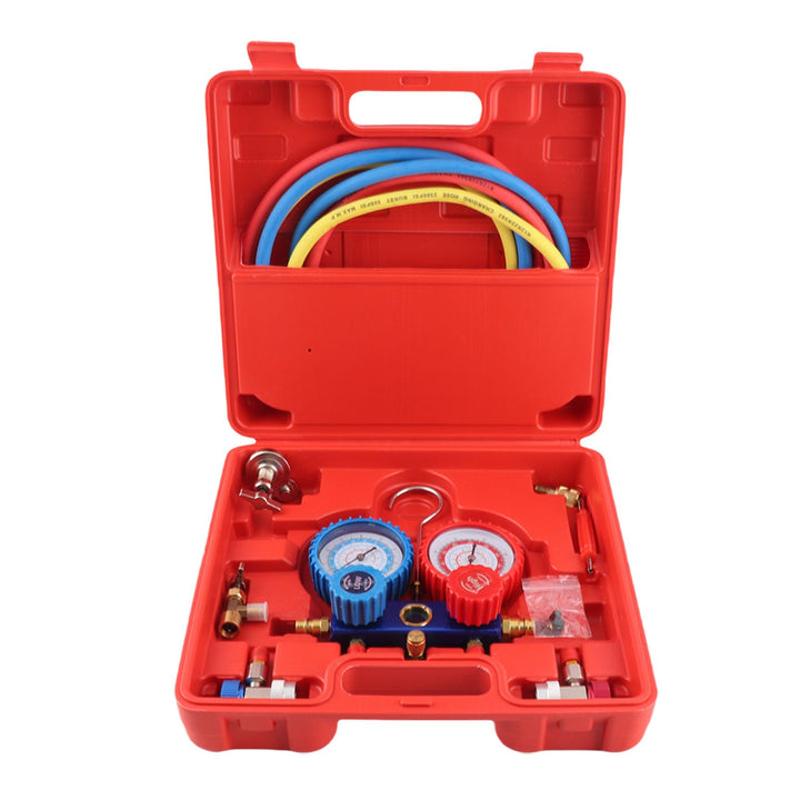 SOULONG R134a Manometer mit dreifarbigen Ladeschläuchen und Adapter, für Klimaanlagen im Auto