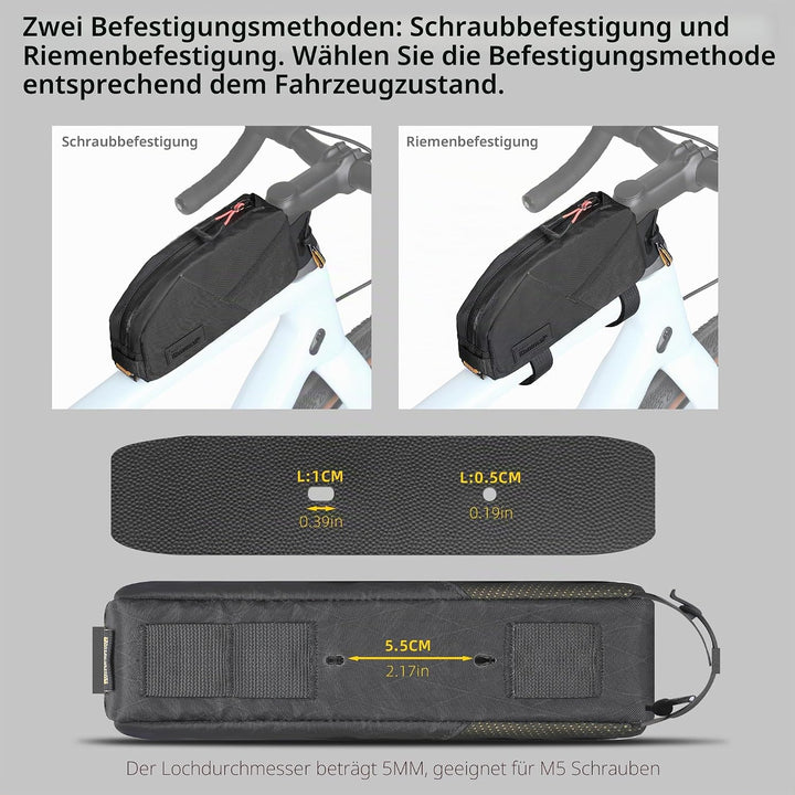 Fahrrad Oberrohrtasche 1,2L Wasserdicht Fahrrad Rahmentasche mit Schraub- oder Gurtbefestigung Doppe