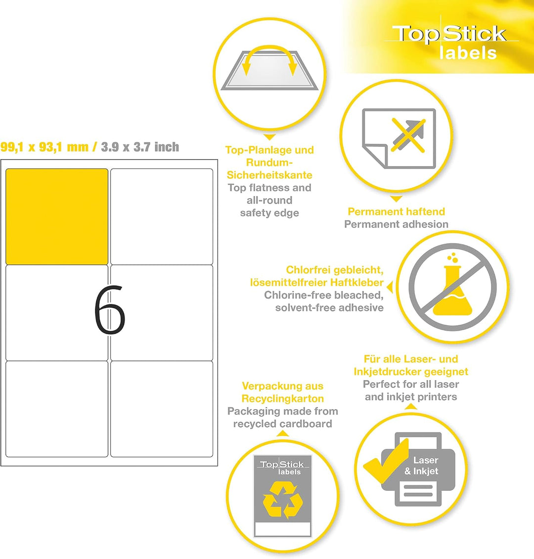 TopStick 8776 Universal Etiketten, 1000 Blatt, 99,1 x 93,1 mm, 6 Stück pro A4 Bogen, 6000 Aufkleber,