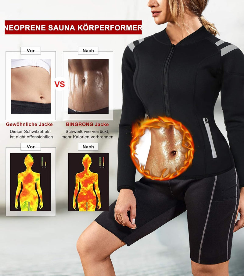 Bingrong Damen Sauna Effekt Anzug Taille Waist Trainer Fitness Lange Ärmel Neopren Shirt Abnehmen Tr