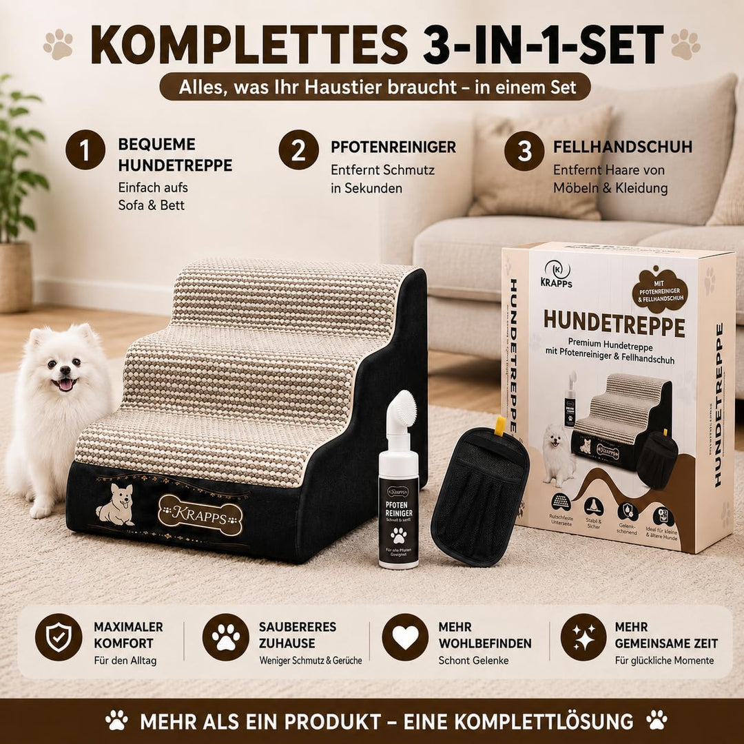 Hundetreppe für kleine Hunde mit Tierhaarentferner-Handschuh und Pfotenreiniger - Katzentreppe für S