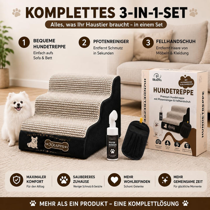 Hundetreppe für kleine Hunde mit Tierhaarentferner-Handschuh und Pfotenreiniger - Katzentreppe für S