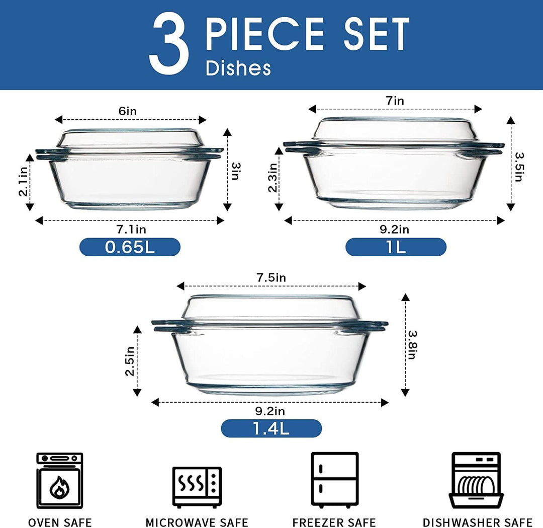 3-er Set Kleinen Auflaufformen mit Deckel, 0.65+1+1.4L, Rund, Mikrowellengeeignet, Ofenfest, Auflauf