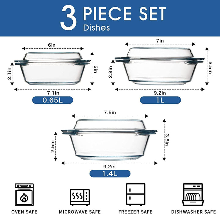 3-er Set Kleinen Auflaufformen mit Deckel, 0.65+1+1.4L, Rund, Mikrowellengeeignet, Ofenfest, Auflauf