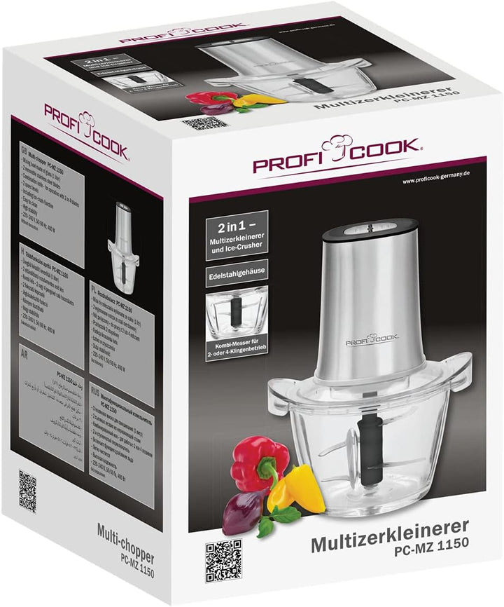 ProfiCook PC-MZ 1150 2in1 Multizerkleinerer und Ice Crusher, Edelstahlgehäuse, Glas-Mixbehälter (1 L
