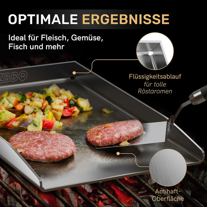 AMZBBQ® Premium Plancha Set - 40 x 30 cm - Grillplatte für Gas- & Kohlegrill - 4,8 mm massiver Edels