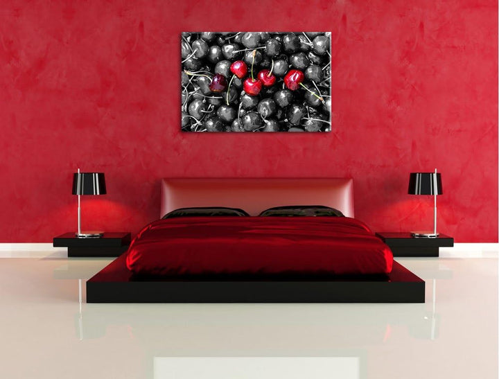 Viele leckere Kirschen schwarz/weiss Format: 100x70 auf Leinwand, XXL riesige Bilder fertig gerahmt