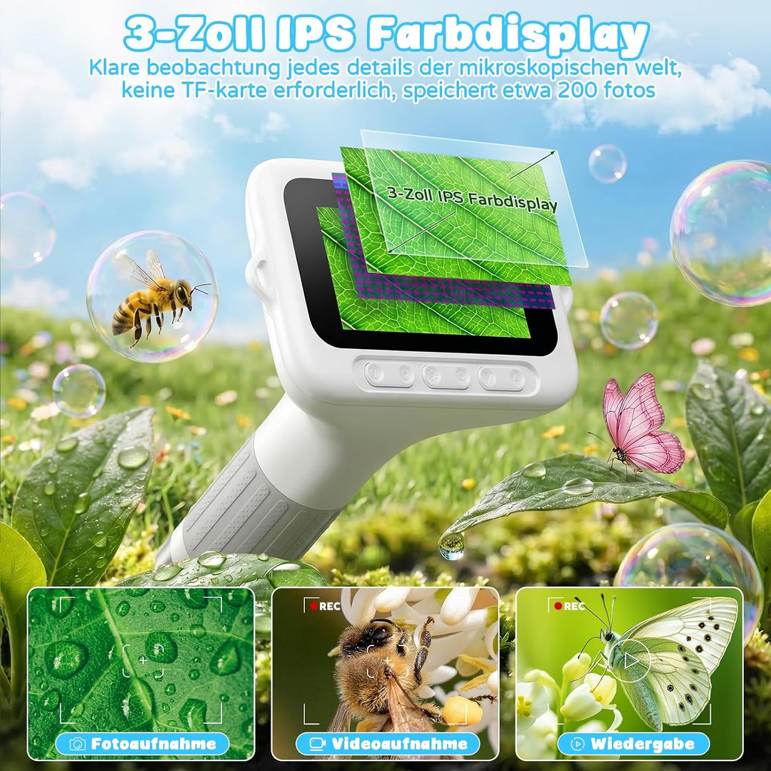 Digitales Mikroskop Kinder 1000x, 3,0-Zoll-Handmikroskop (Weiss) | Tragbares Kindermikroskop mit 8 L