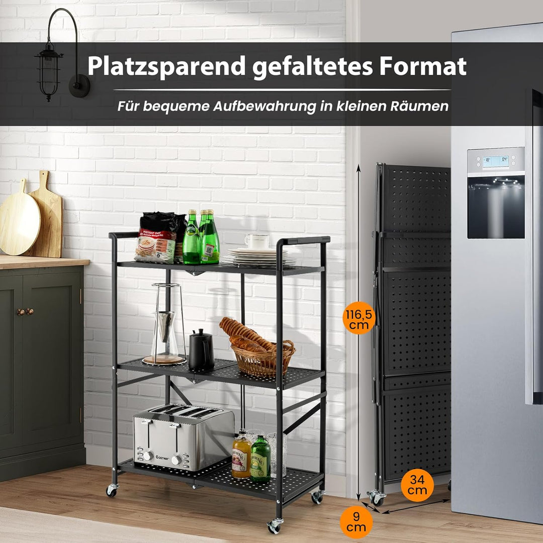 COSTWAY Servierwagen klappbar, Küchenwagen mit 4 Rollen, 2 feststellbar, 3 Etagen Metallregal, Allzw