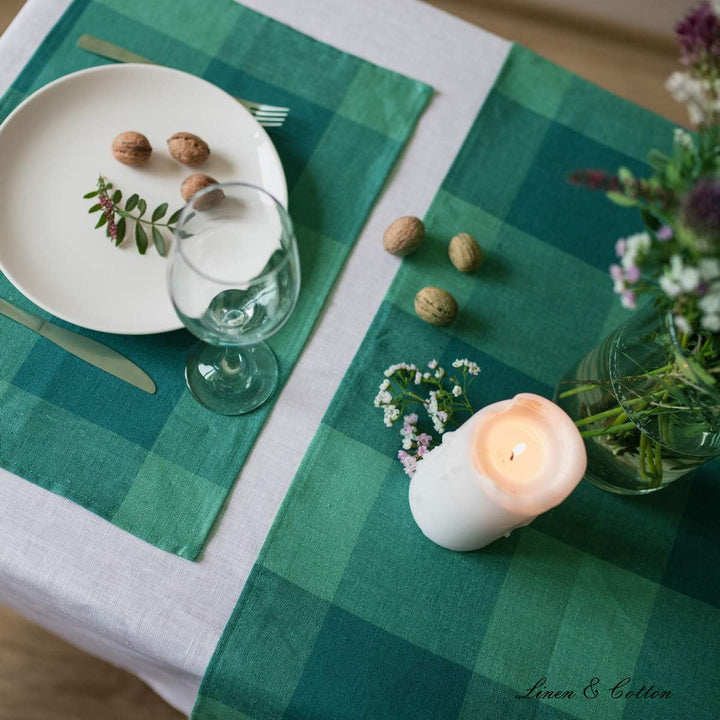 Linen &amp; Cotton Tischläufer Stoff Läufer Tischwäsche Kariert Bunt Emerald - 100% Leinen, Grün Mint Gr