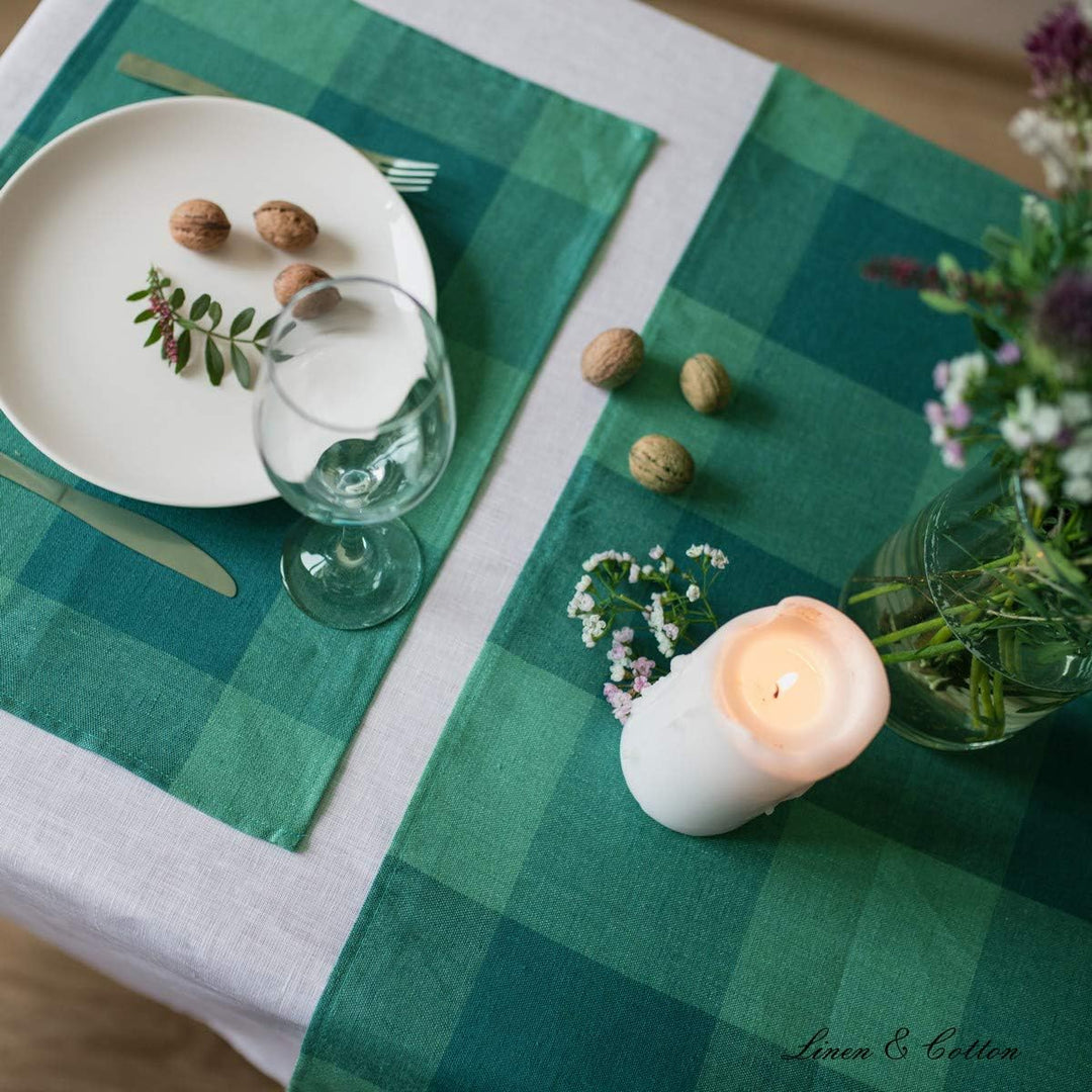 Linen & Cotton Tischläufer Stoff Läufer Tischwäsche Kariert Bunt Emerald - 100% Leinen, Grün Mint Gr