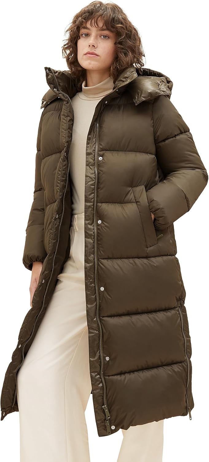 TOM TAILOR Damen Long Puffer Mantel mit abnehmbarer Kapuze M 11848 - Jungle Soil Green, M 11848 - Ju