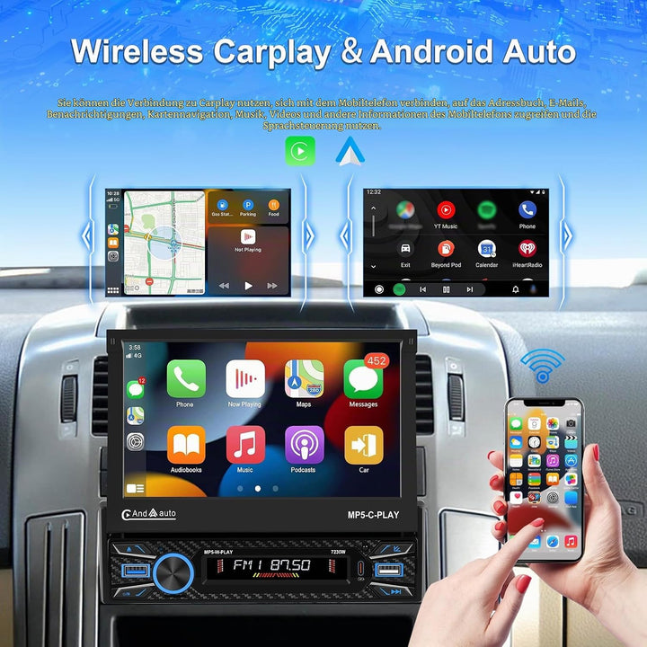 Hikity 1 Din Autoradio Wireless Carplay, 7 Zoll Bildschirm Touchscreen Motorisiertes Teleskop Displa