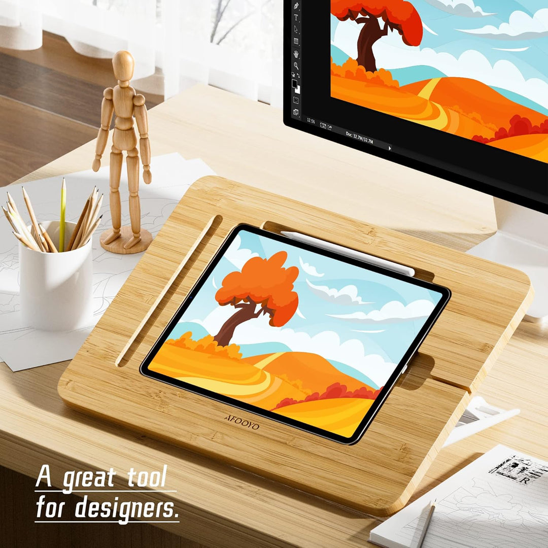 AFOOYO Tablet-Ständer, verstellbar, faltbar, tragbar, für Schreibtisch, Bambus, Holz, kompatibel mit