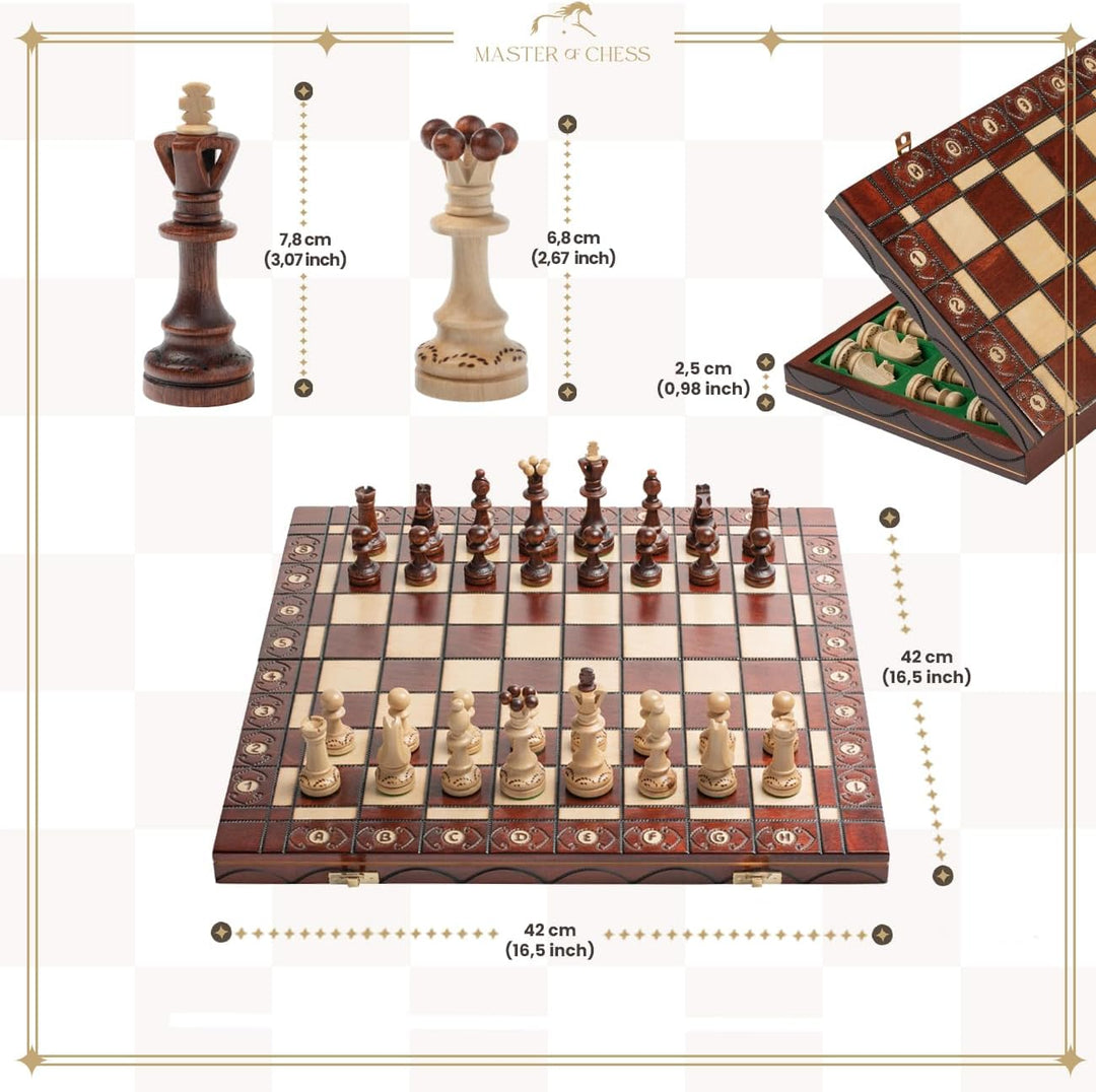 Grossen Senator 41cm x 41cm / 16" aus Holz Schachspiel. Ornamente auf Schach verbrannt Board und Sch