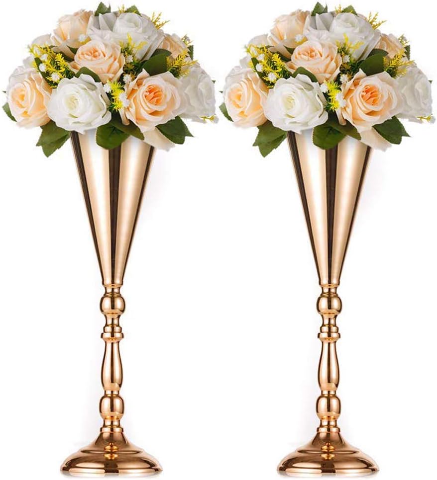 NUPTIO Gold Vase für Hochzeit Tischdeko: 2 Stück 42cm Hohe Blume Trompete Vasen Metall Tische Mittel