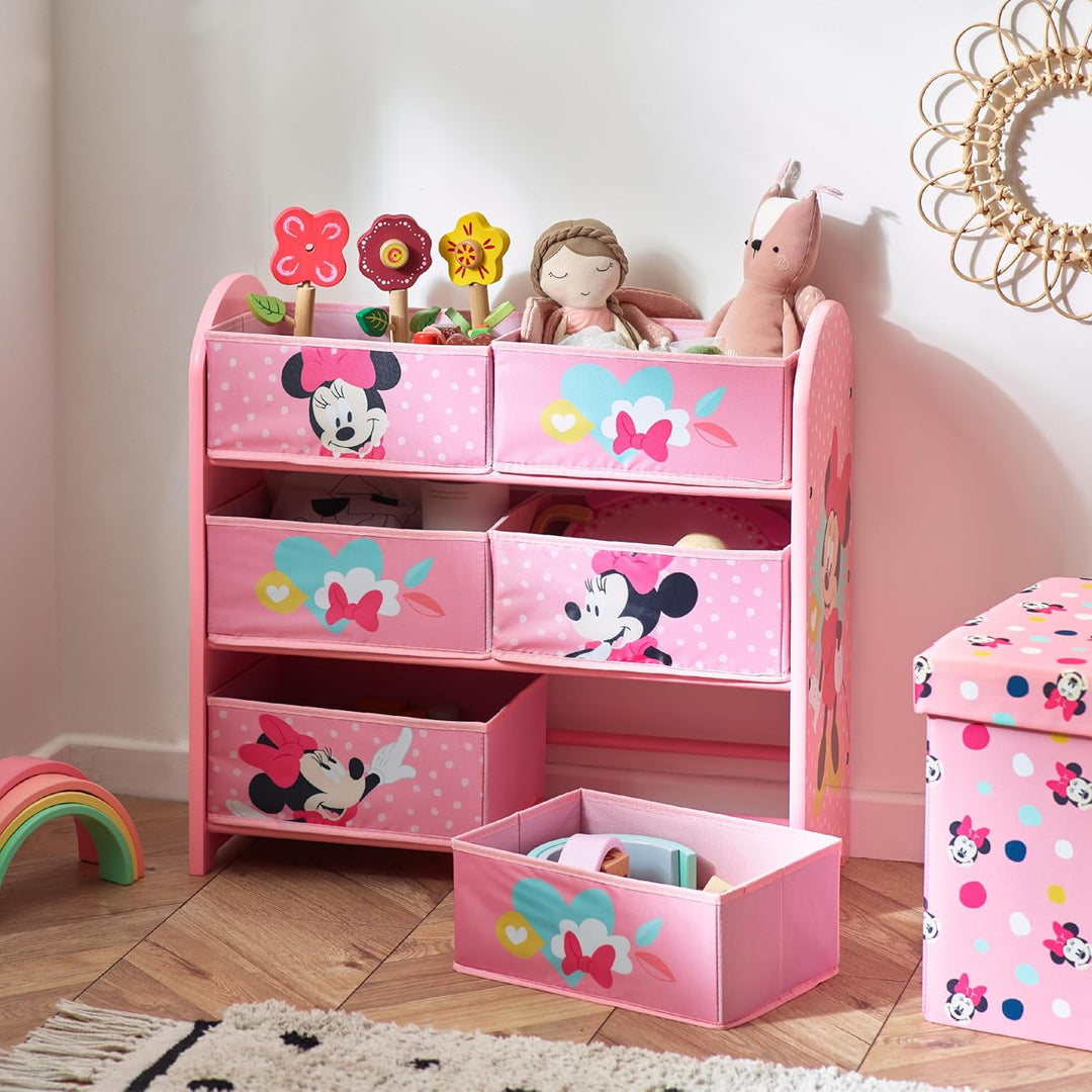 Disney Classic Minnie Maus Spielzeug-Aufbewahrungseinheit, 6 Boxen für Schlafzimmer, aus Holzwerksto