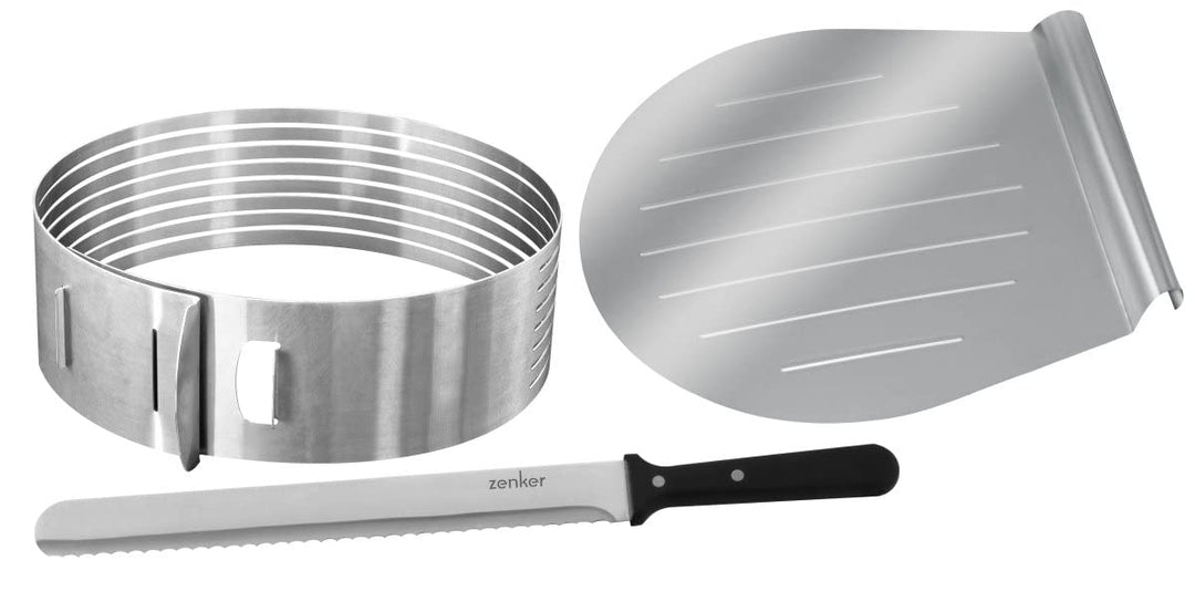 Zenker 7705 Tortenboden-Schneidhilfe, Ø26 / 28 cm Patisserie, Torten-Set mit Tortenmesser und Torten