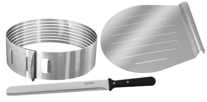 Zenker 7705 Tortenboden-Schneidhilfe, Ø26 / 28 cm Patisserie, Torten-Set mit Tortenmesser und Torten