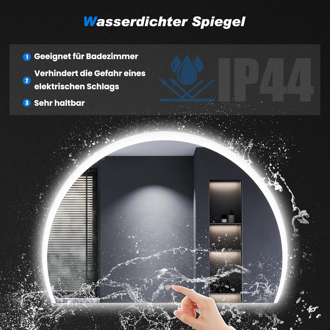 SONNI Badspiegel mit Beleuchtung Halbrund 70x50 cm, LED Spiegel mit Touch-Schalter und Dimmbar, Besc